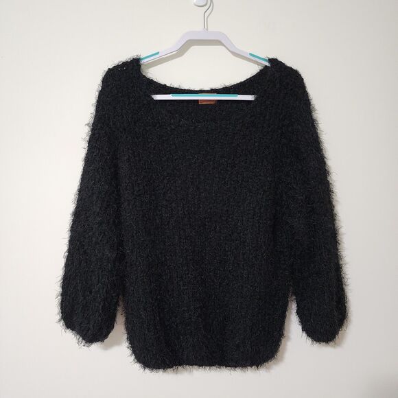 POL Sweaters - POL Womens Size L Fuzzy Pullover Sweater Black 3/4 Sleeve Style# JUF4A